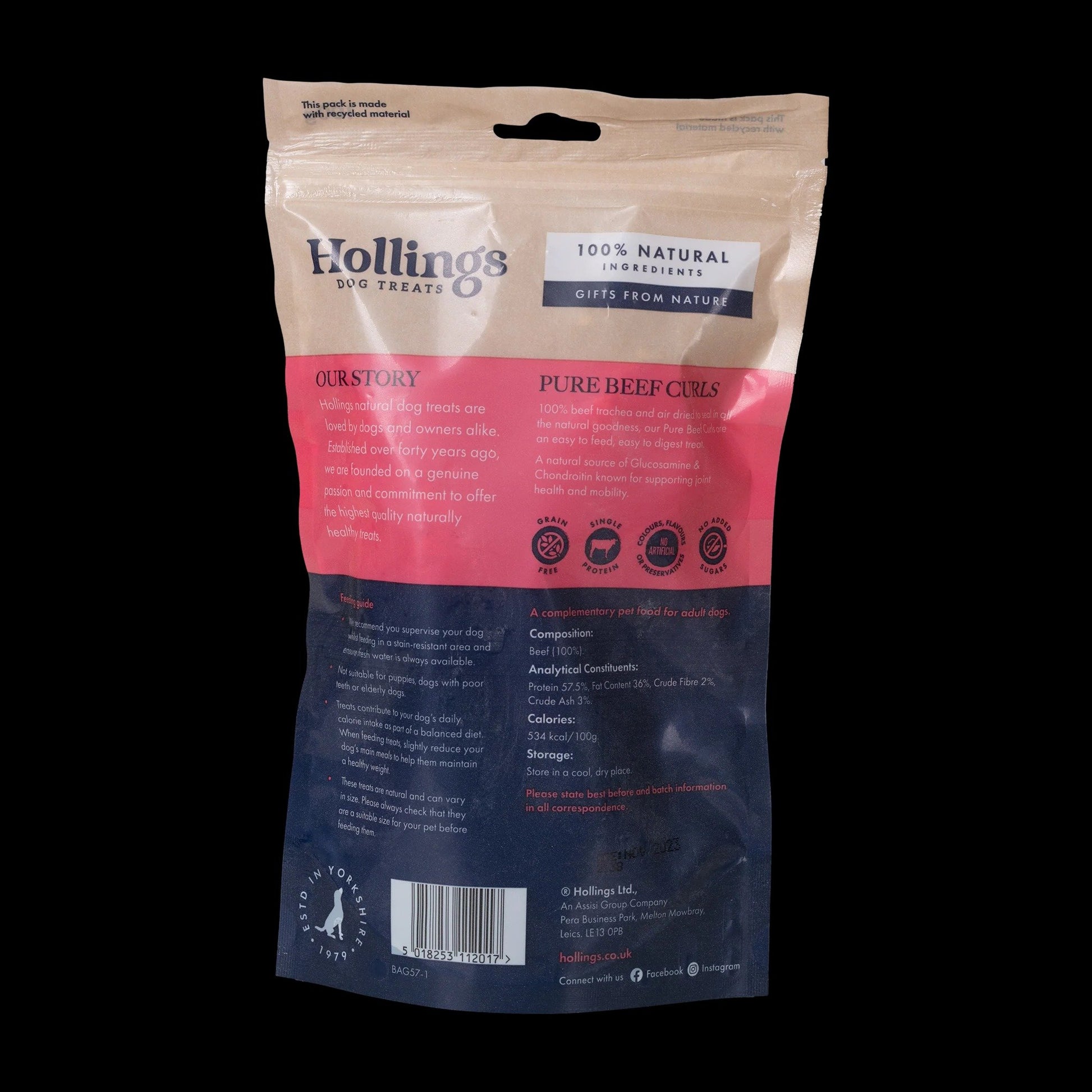 Hollings Beef Curls 100g on a white background on a black background