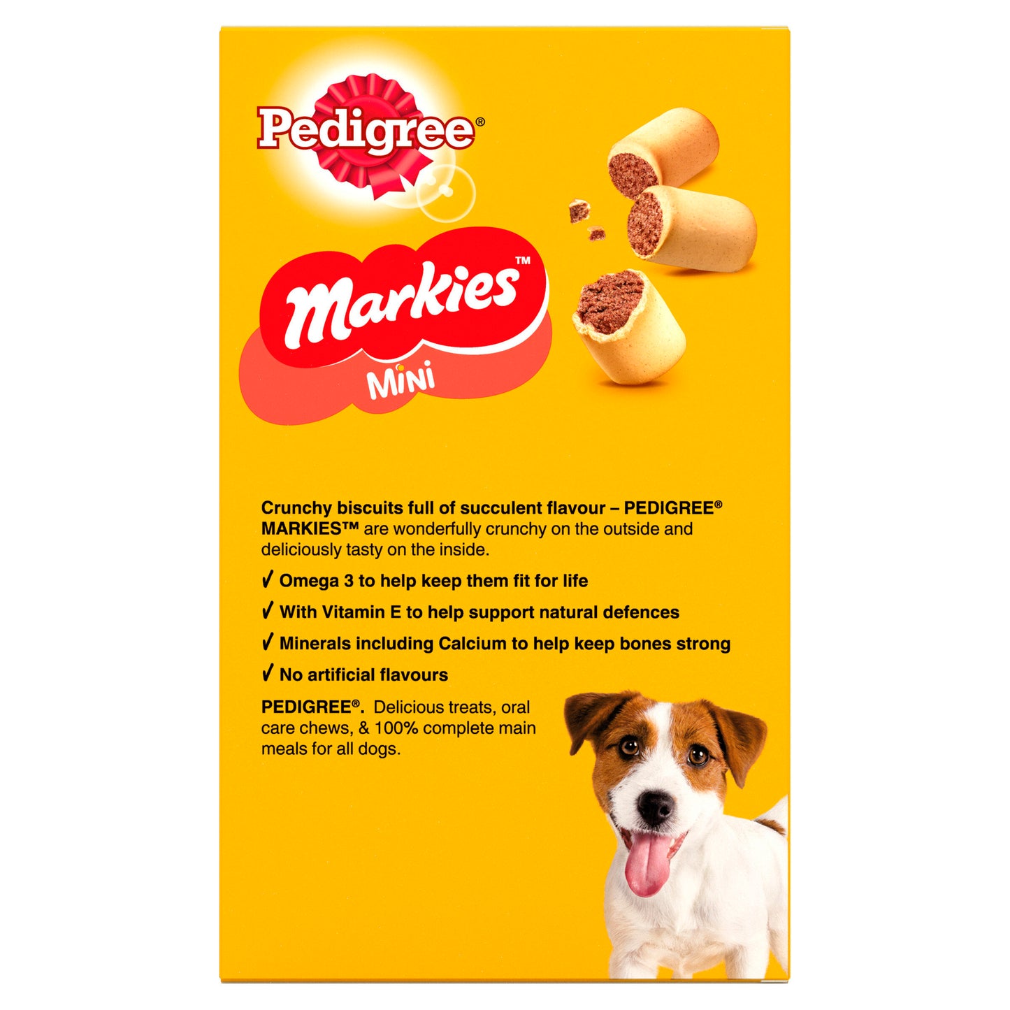 Pedigree Markies Mini dog treats packaging with a yellow background