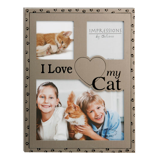 Triple photo frame with 'I Love My Cat' text and paw print design