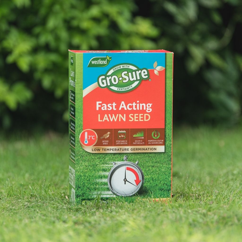 Box of Gro-Sure fast acting lawn seed on a grassy background