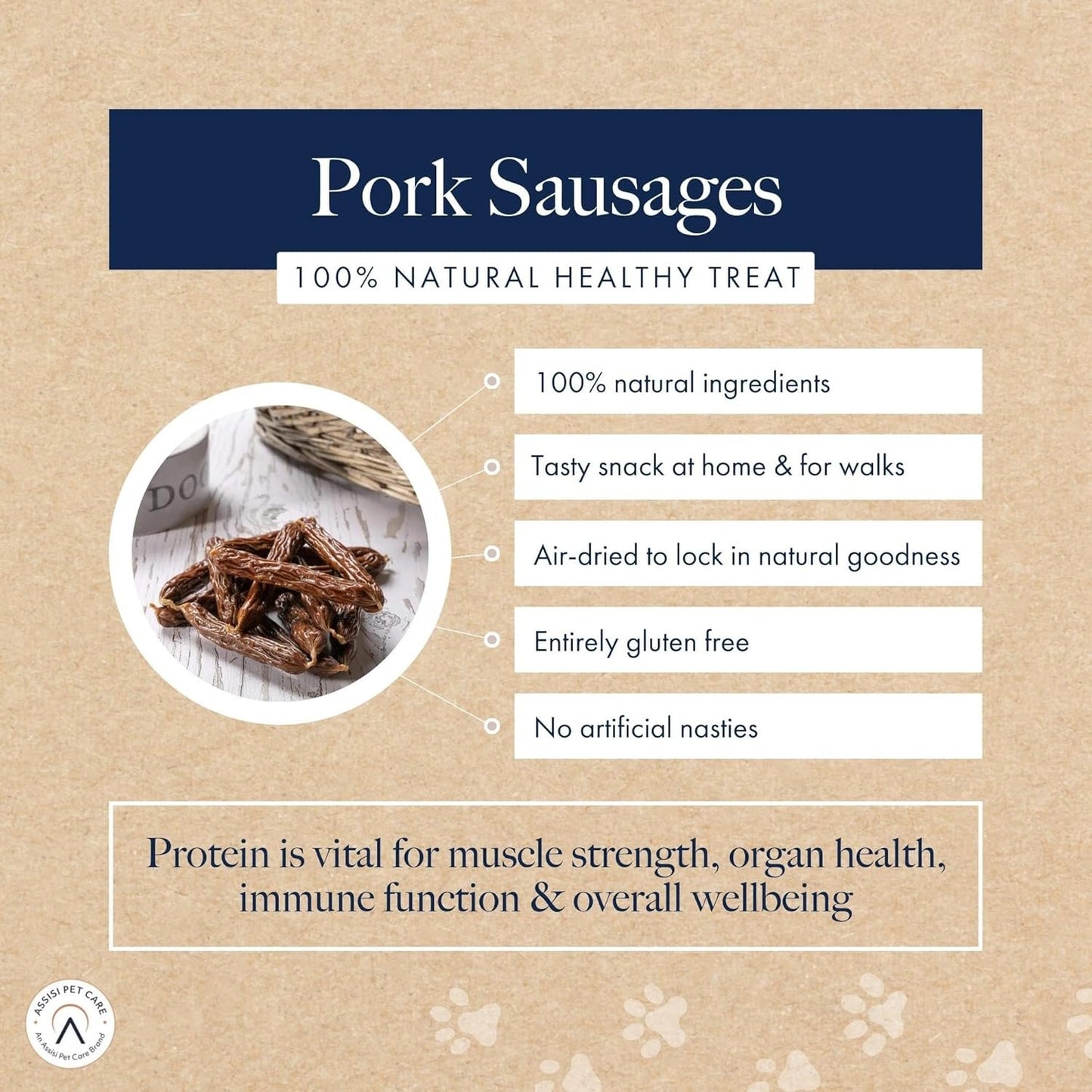 Hollings Gourmet Pork Sausages nutrition information on a sandy backgrond