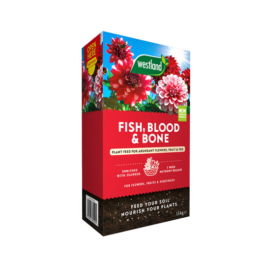 Westland Fish, Blood & Bone plant food packaging with floral design on a white background