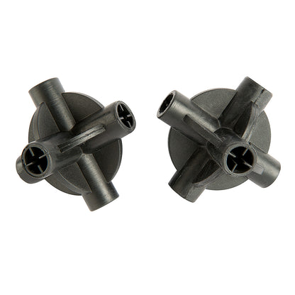 Two black plastic components on a white background