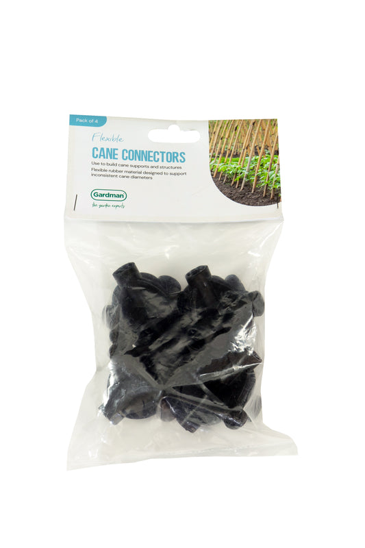 Packaged black cane connectors with a visible brand label on a white background
