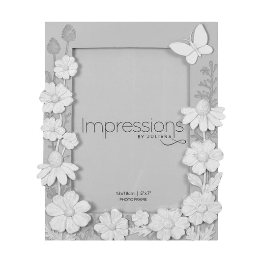 Gray photo frame with white floral designs and 'Impressions by Juliana' branding.