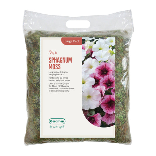 Packaged sphagnum moss with Gardman branding and floral imagery on a white background
