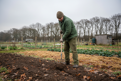 Gardener digging allotment using a garden fork in November to prepare for winter