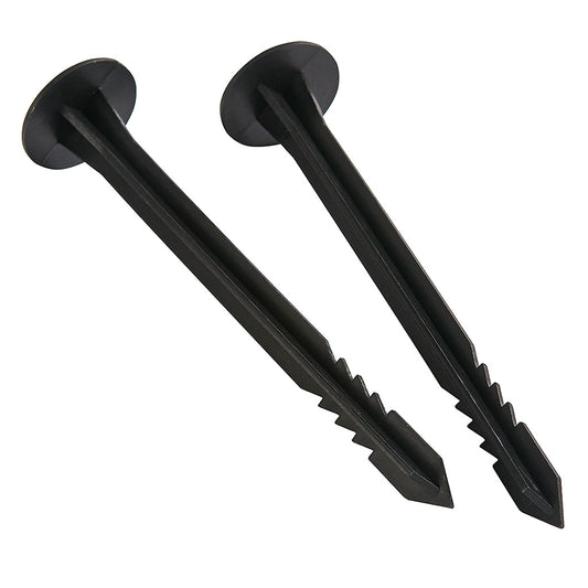 Two black metal tent stakes on a white background