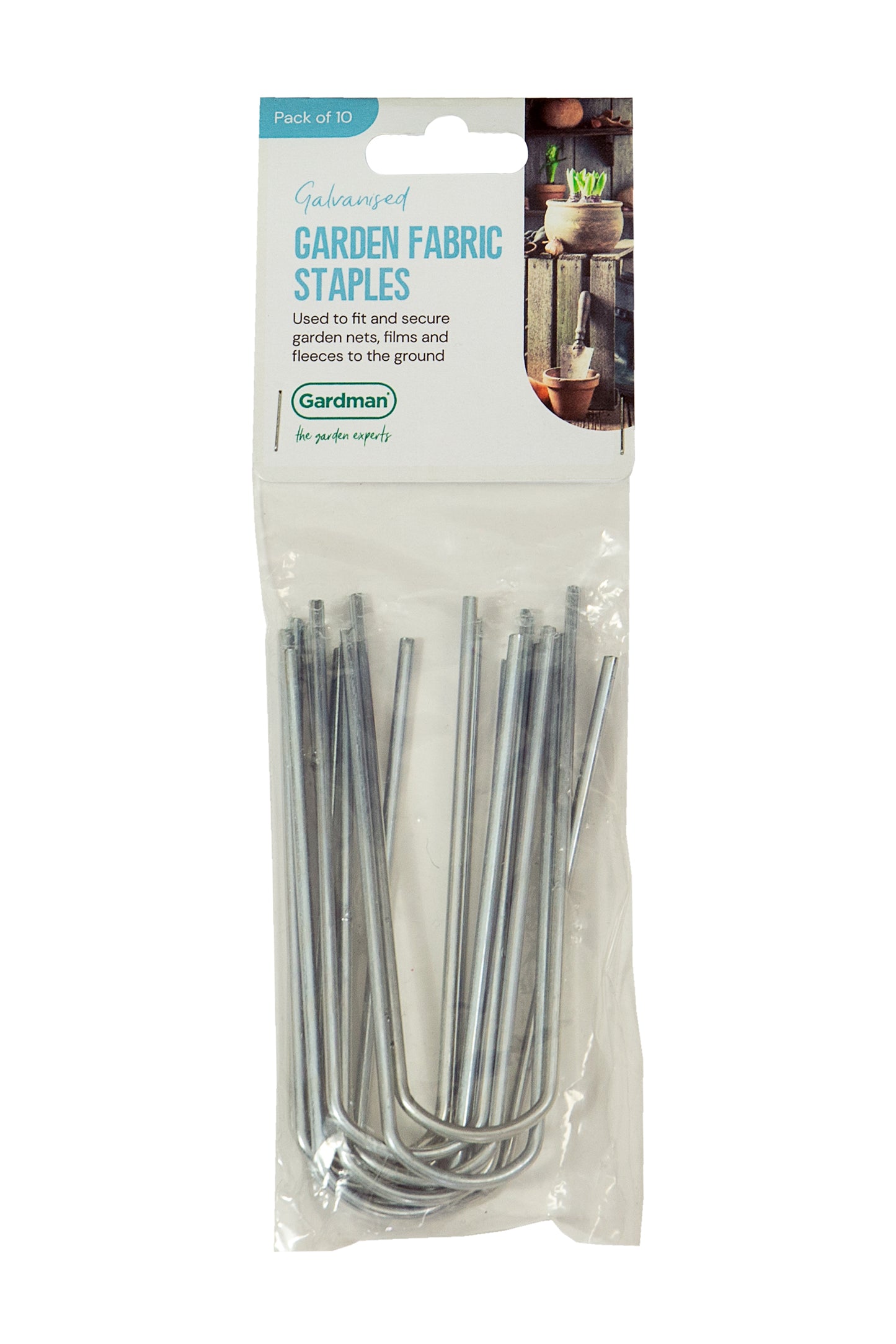 Pack of garden fabric staples with packaging on a white background