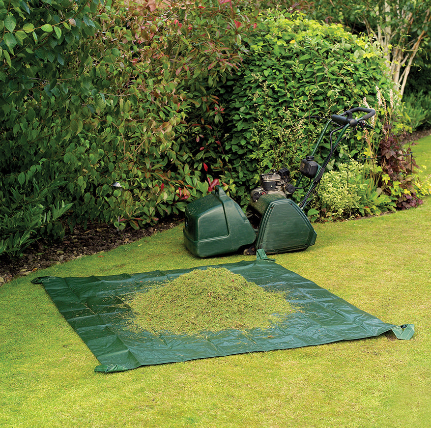 Green lawn mower with grass collection bag on a grassy area with bushes in the background