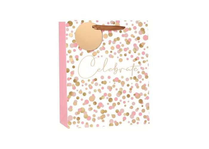Gift bag with confetti pattern and 'Celebrate' text on a white background