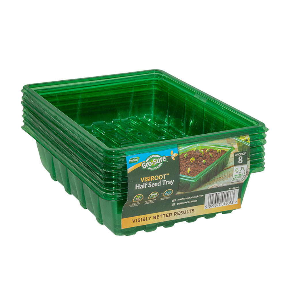Stack of green seed trays with Gro-Sure branding on a white background