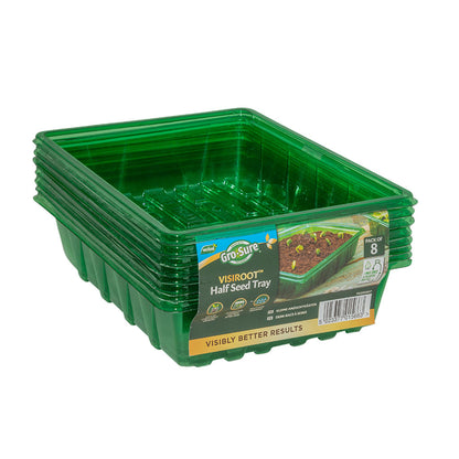 Stack of green seed trays with Gro-Sure branding on a white background