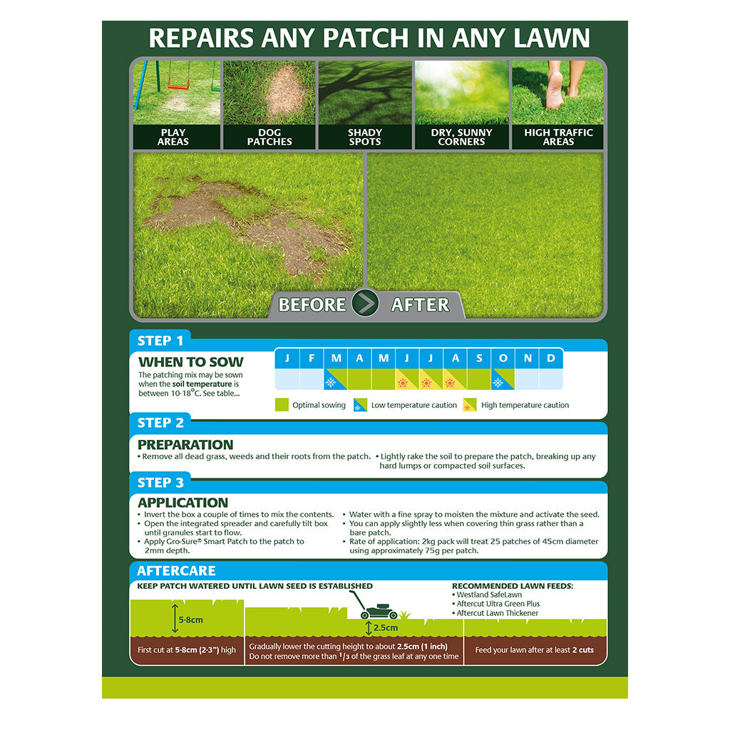 Lawn repair guide with before and after images on a green background