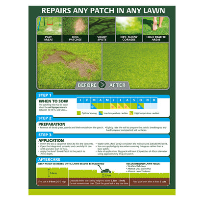 Lawn repair guide with before and after images on a green background