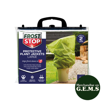 Packaging of Frost Stop protective plant jackets with a green jacket on a white background.