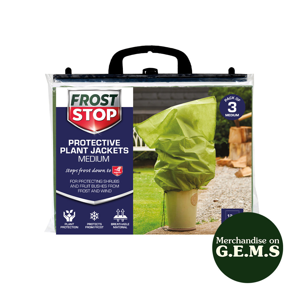 Pack of Frost Stop protective plant jackets with a visible brand logo on a white background