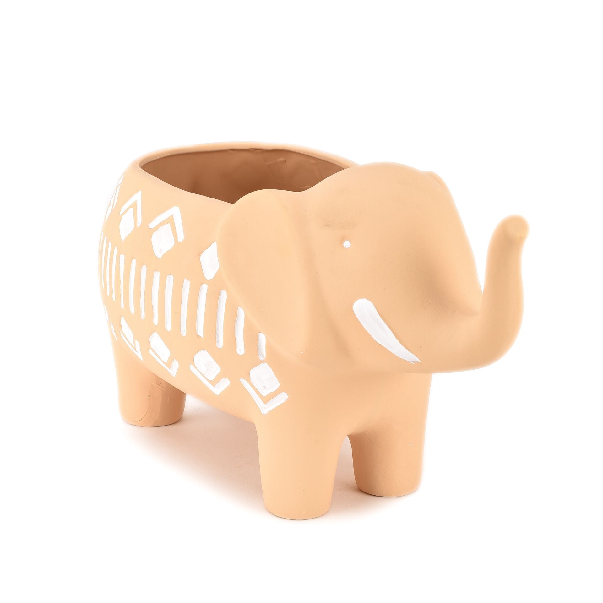 Ceramic elephant planter with white patterns on a white background