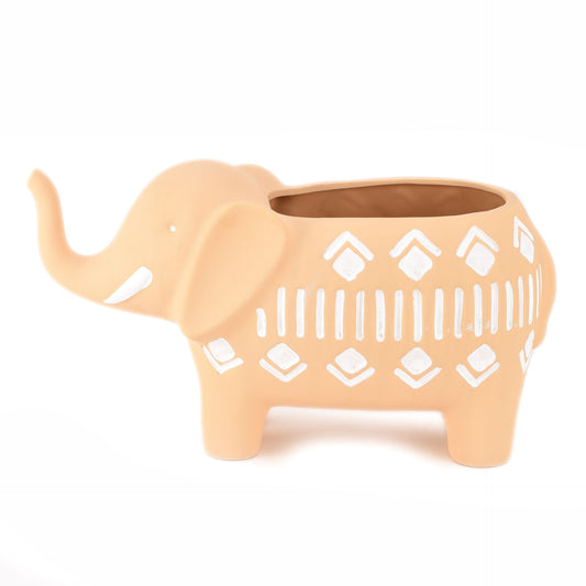 Ceramic elephant planter with white patterns on a white background