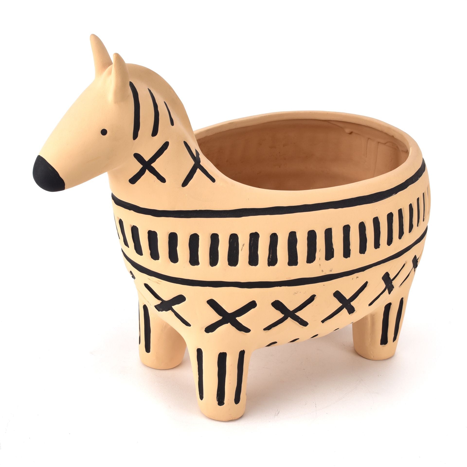 Ceramic zebra-shaped planter with black patterns on a white background