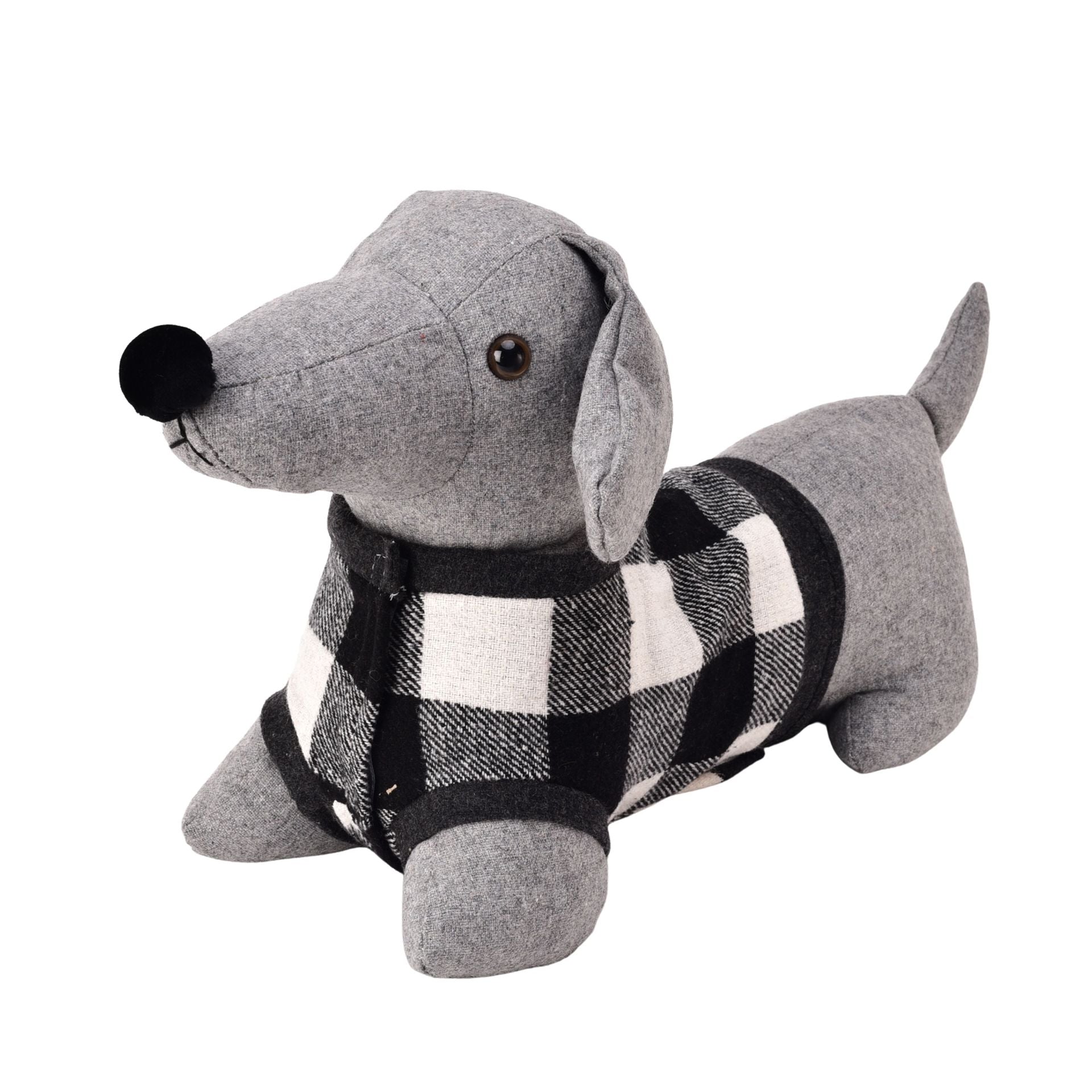 Plush toy dog with gray body and black and white checkered pattern on a white background