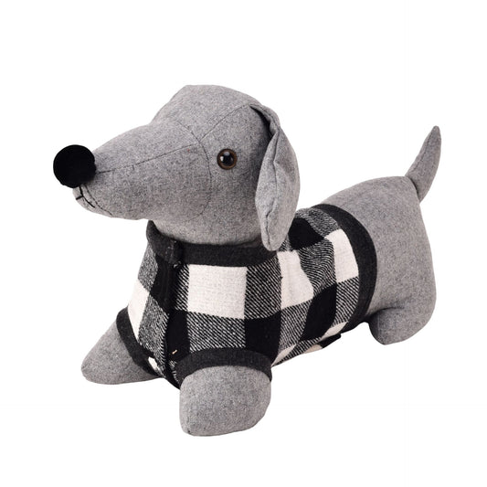 Plush toy dog with gray body and black and white checkered pattern on a white background