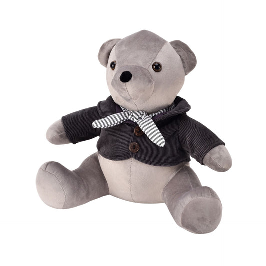 Gray teddy bear wearing a dark jacket with buttons and a striped scarf on a white background