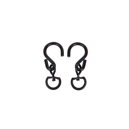 Pair of black metal hooks on a white background