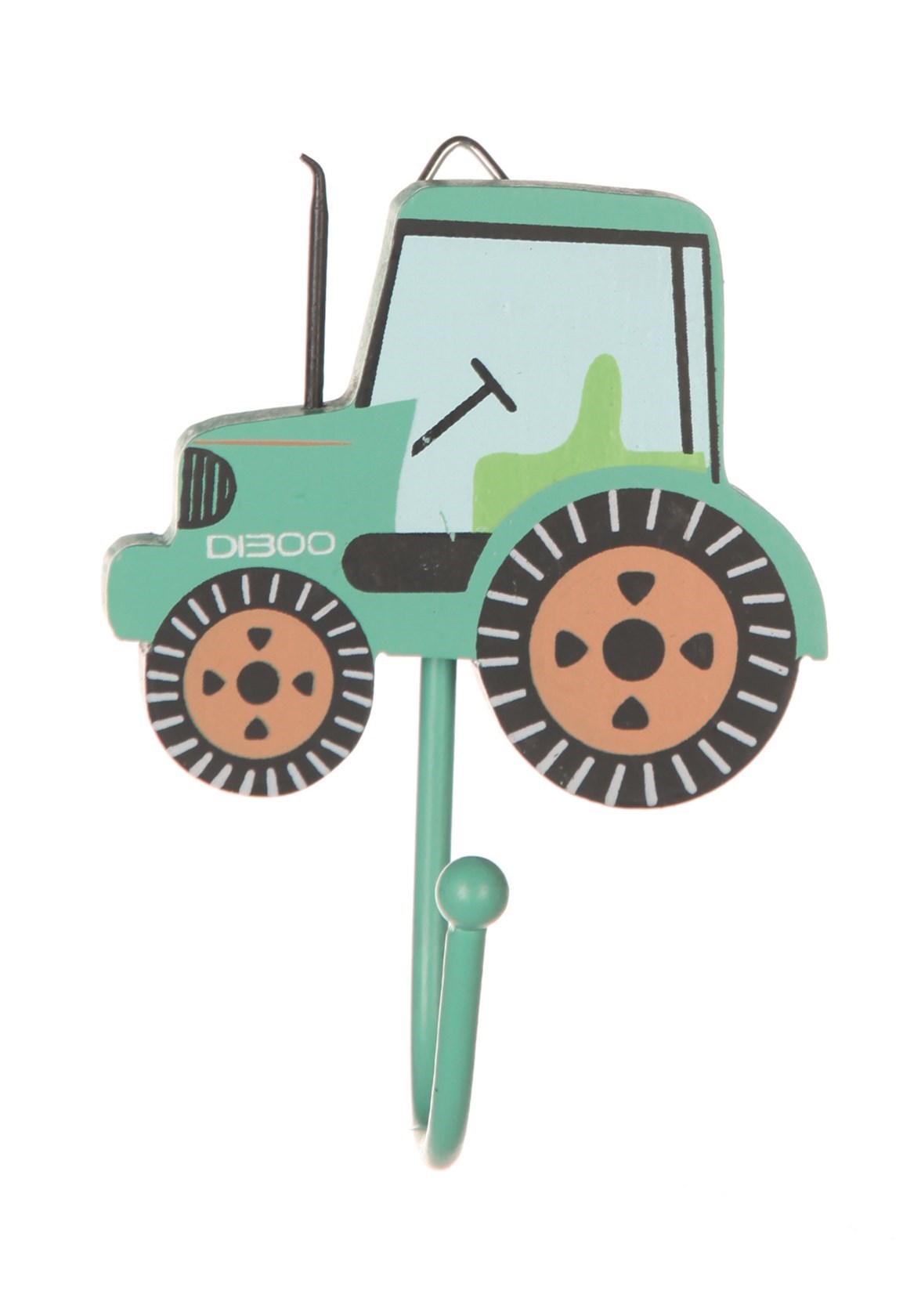 Green tractor-shaped hook on a white background