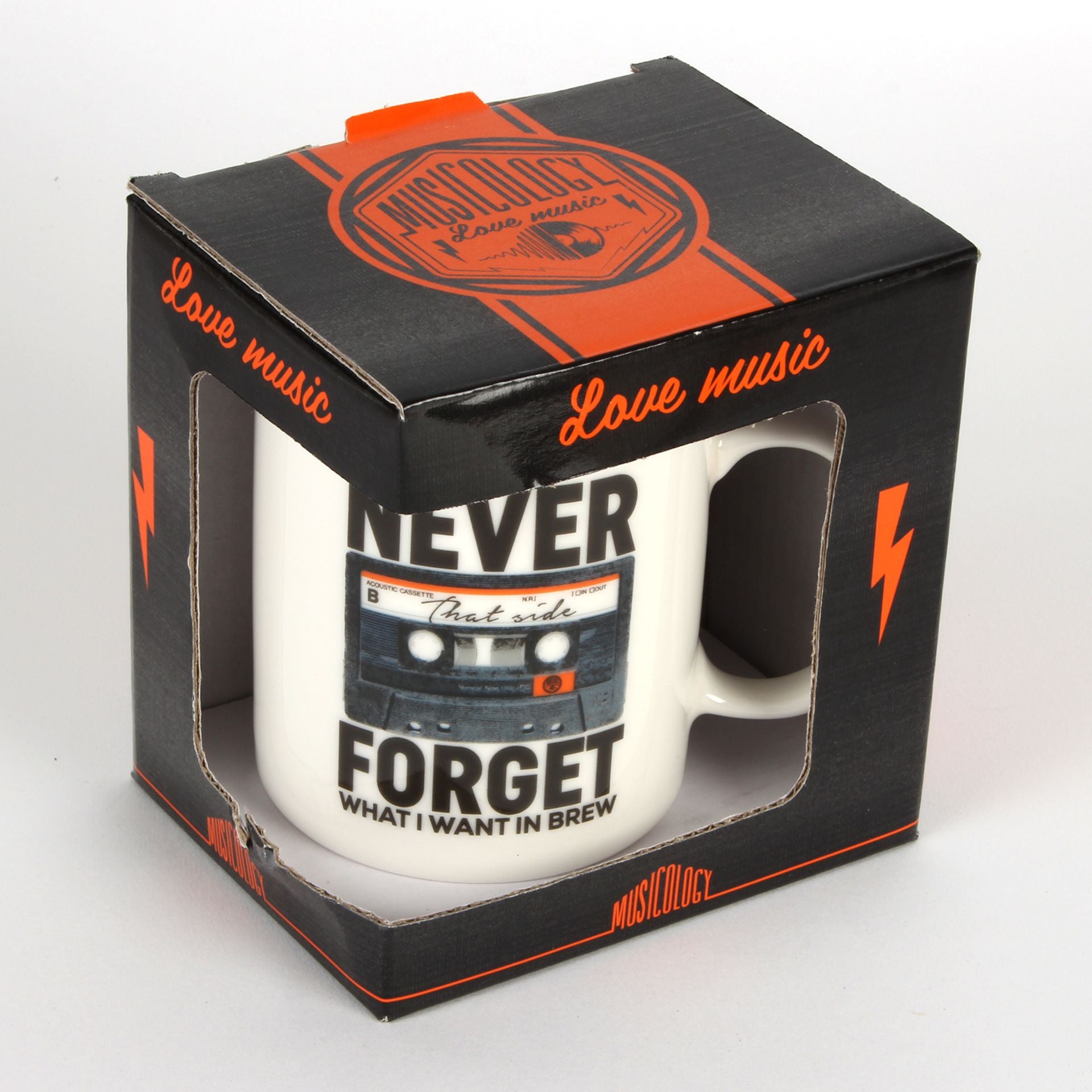 Mug with cassette tape design in a 'Love Music' branded box