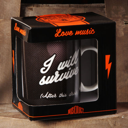 Mug with 'I will survive (after this drink)' text in a 'Love music' branded box.