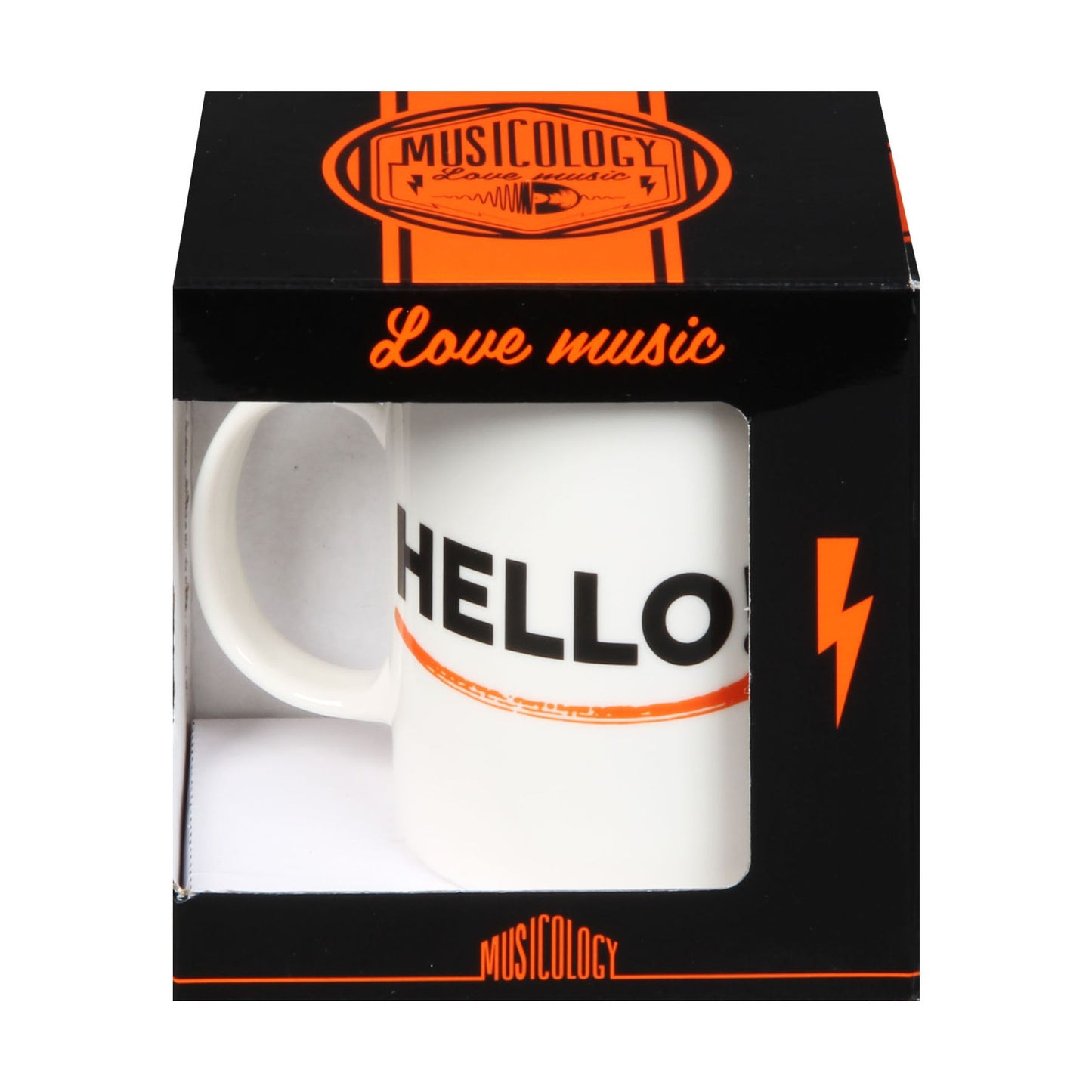 White mug with 'HELLO' printed on it in a Musicology packaging box.