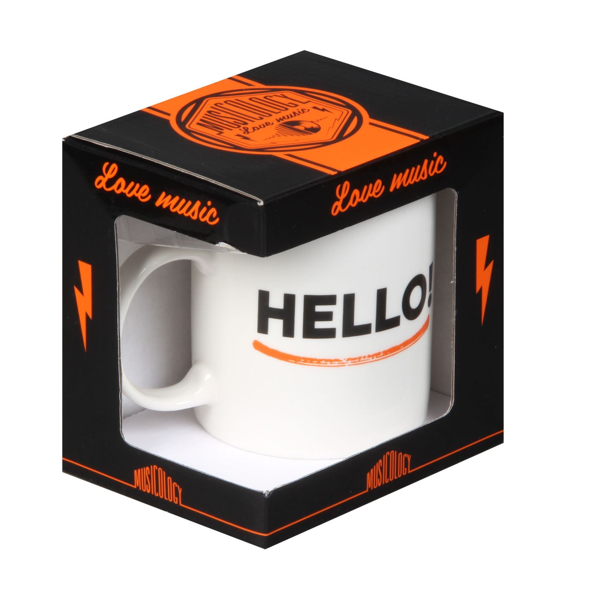 White and orange mug in box