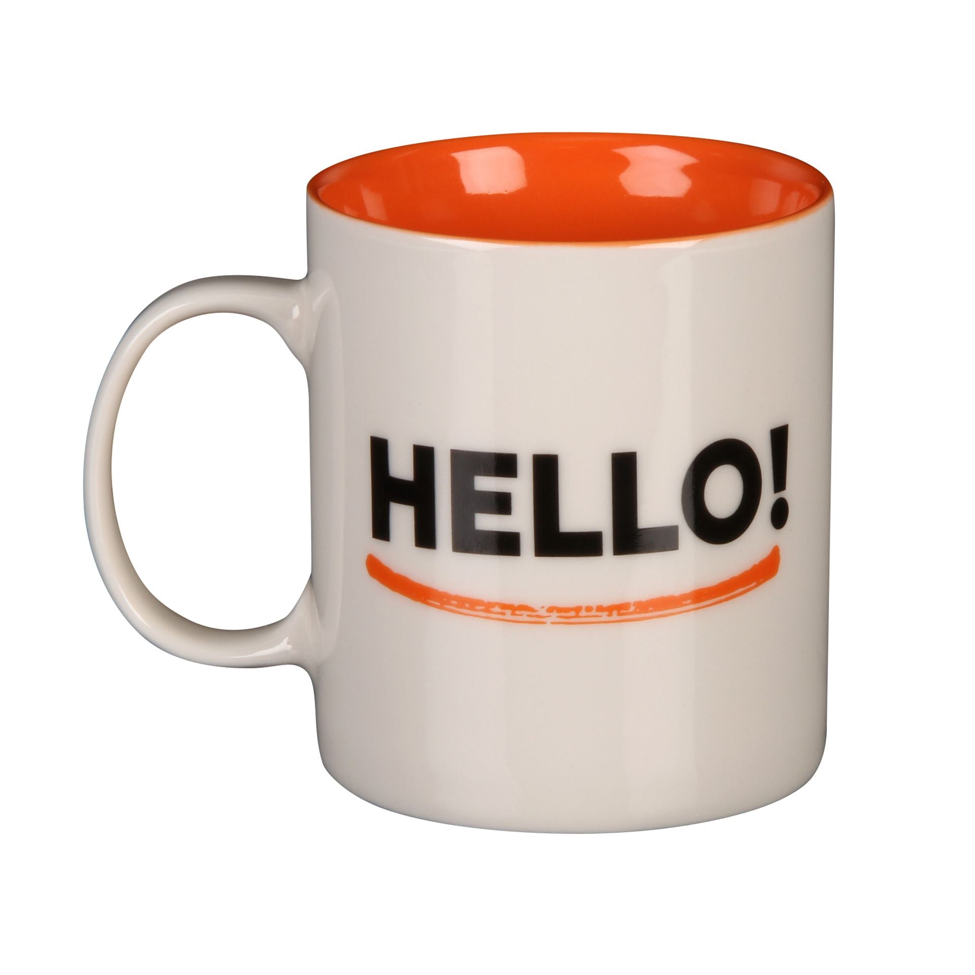 White mug with orange interior and 'HELLO!' text on a white background