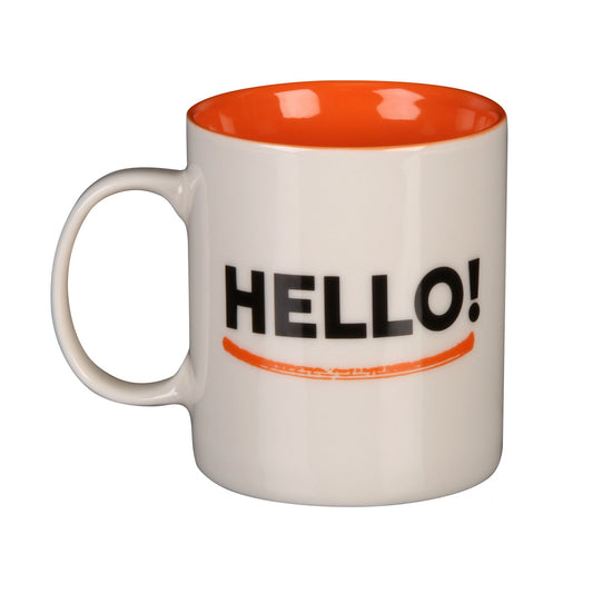 White mug with orange interior and 'HELLO!' text on a white background