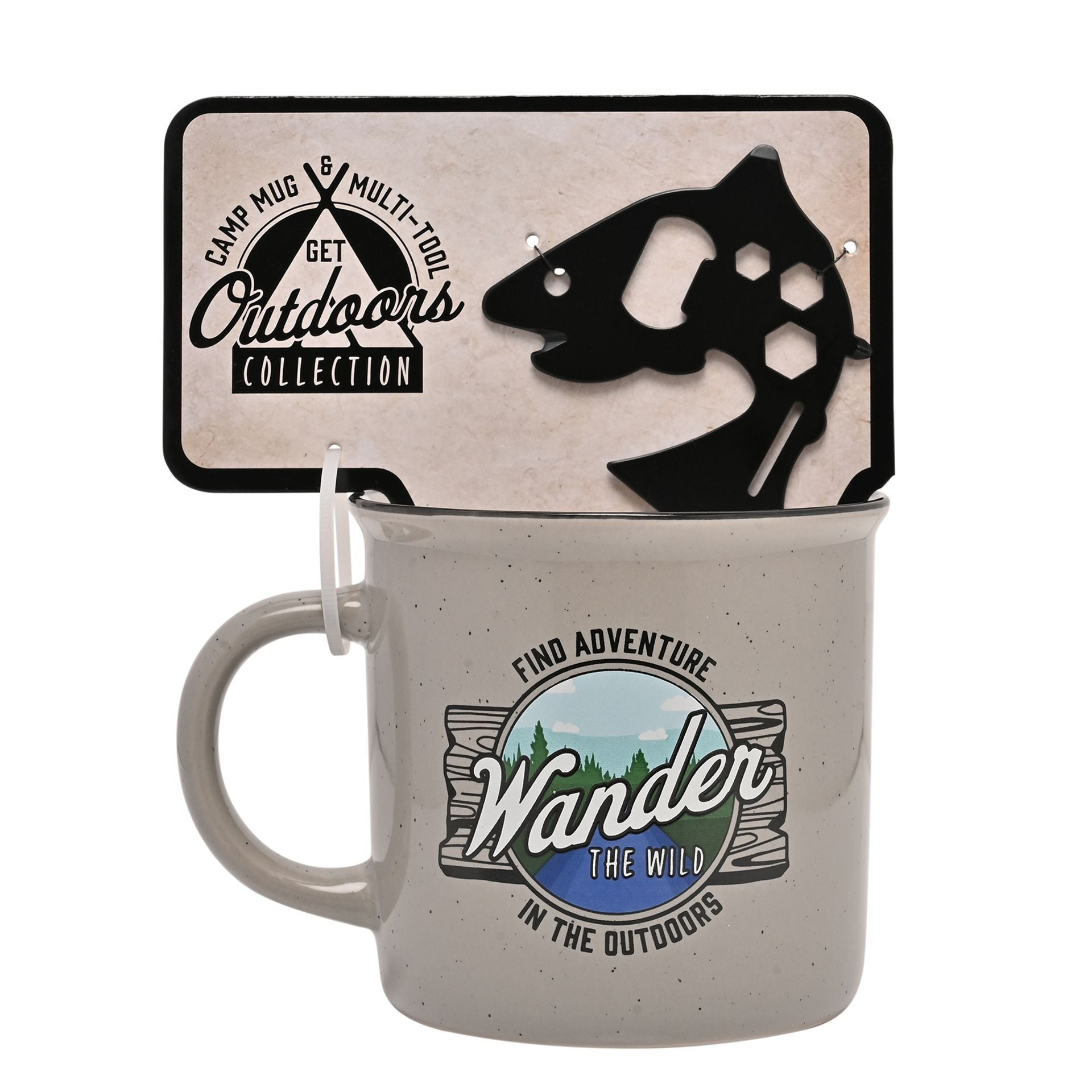Camp mug with outdoor-themed design and fish tool on a white background