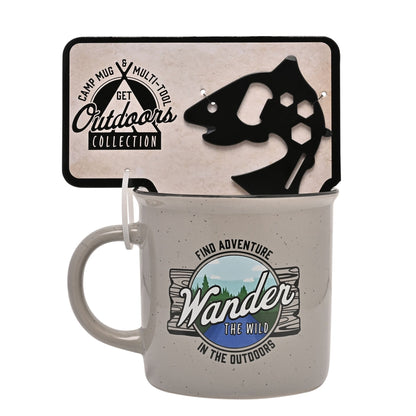 Camp mug with outdoor-themed design and fish tool on a white background
