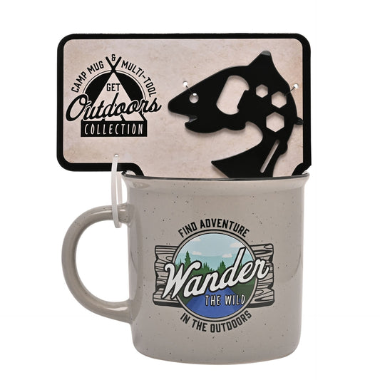 Camp mug with outdoor-themed design and fish tool on a white background