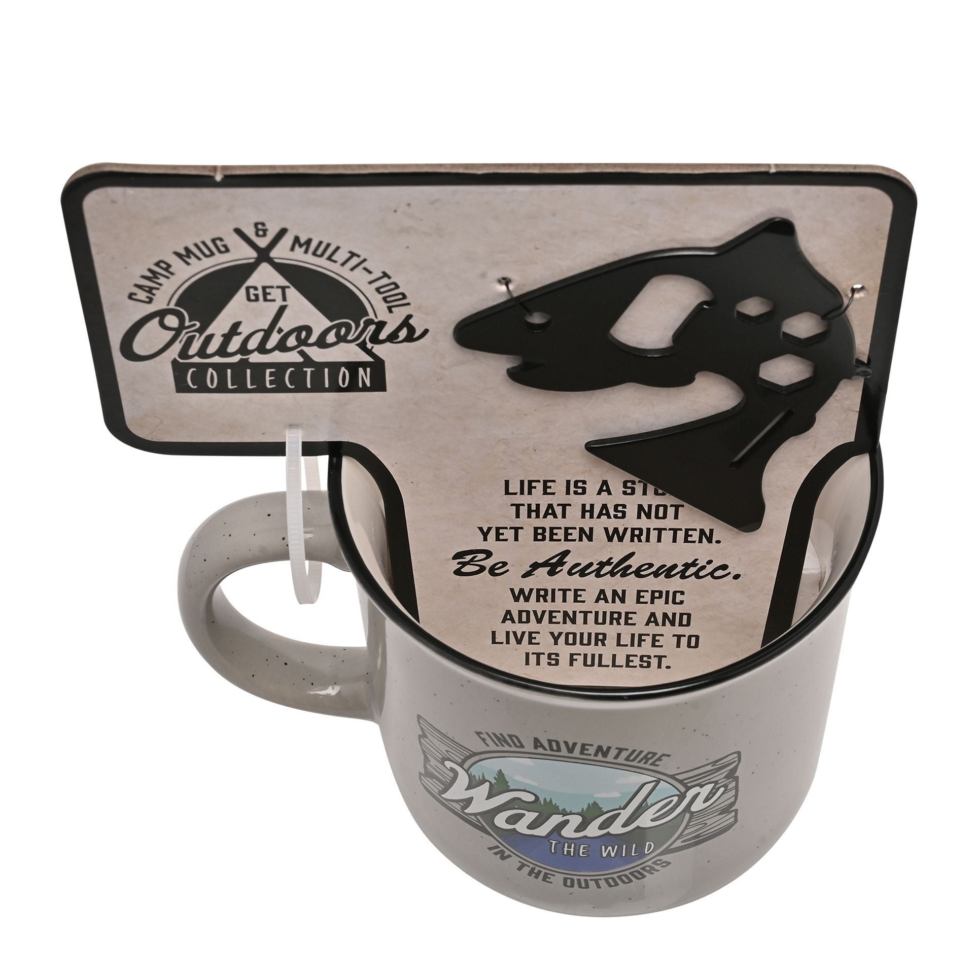 Camp mug with motivational quote and fish design in packaging