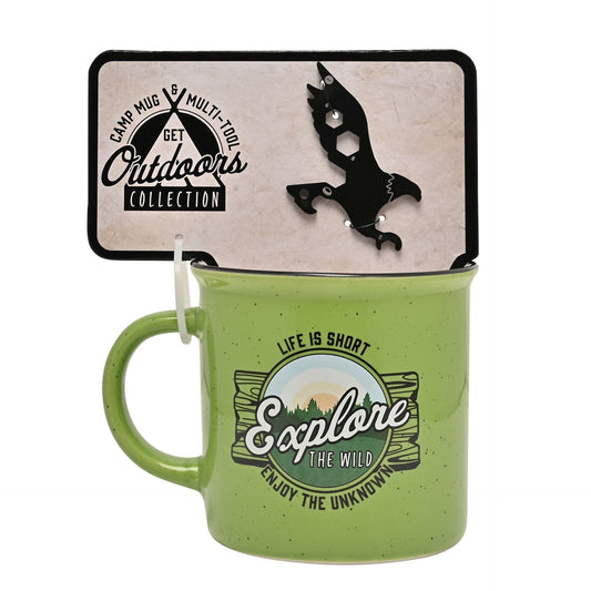 Green mug with 'Explore the Wild' design and multi-tool on a white background