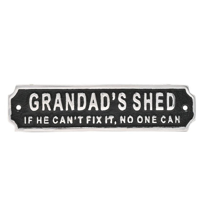 Decorative sign with text 'Grandad's Shed' on a white background