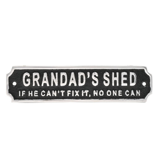 Decorative sign with text 'Grandad's Shed' on a white background