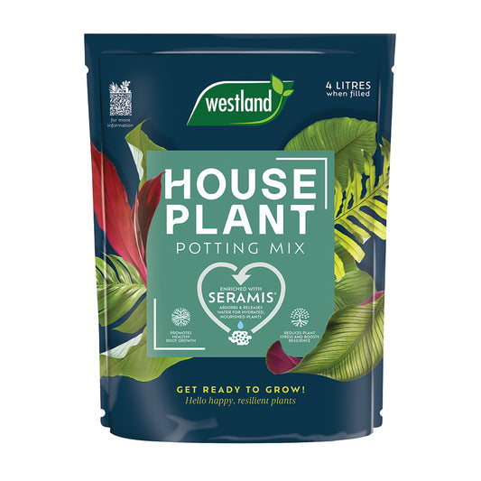 Westland house plant potting mix packaging with leaf graphics on a white background
