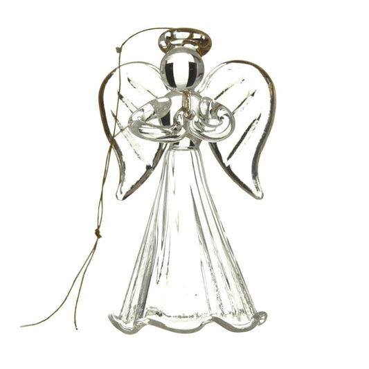 Clear glass angel ornament on a white background