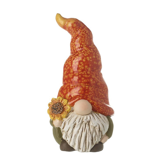 Gnome figurine with an orange hat and sunflower on a white background