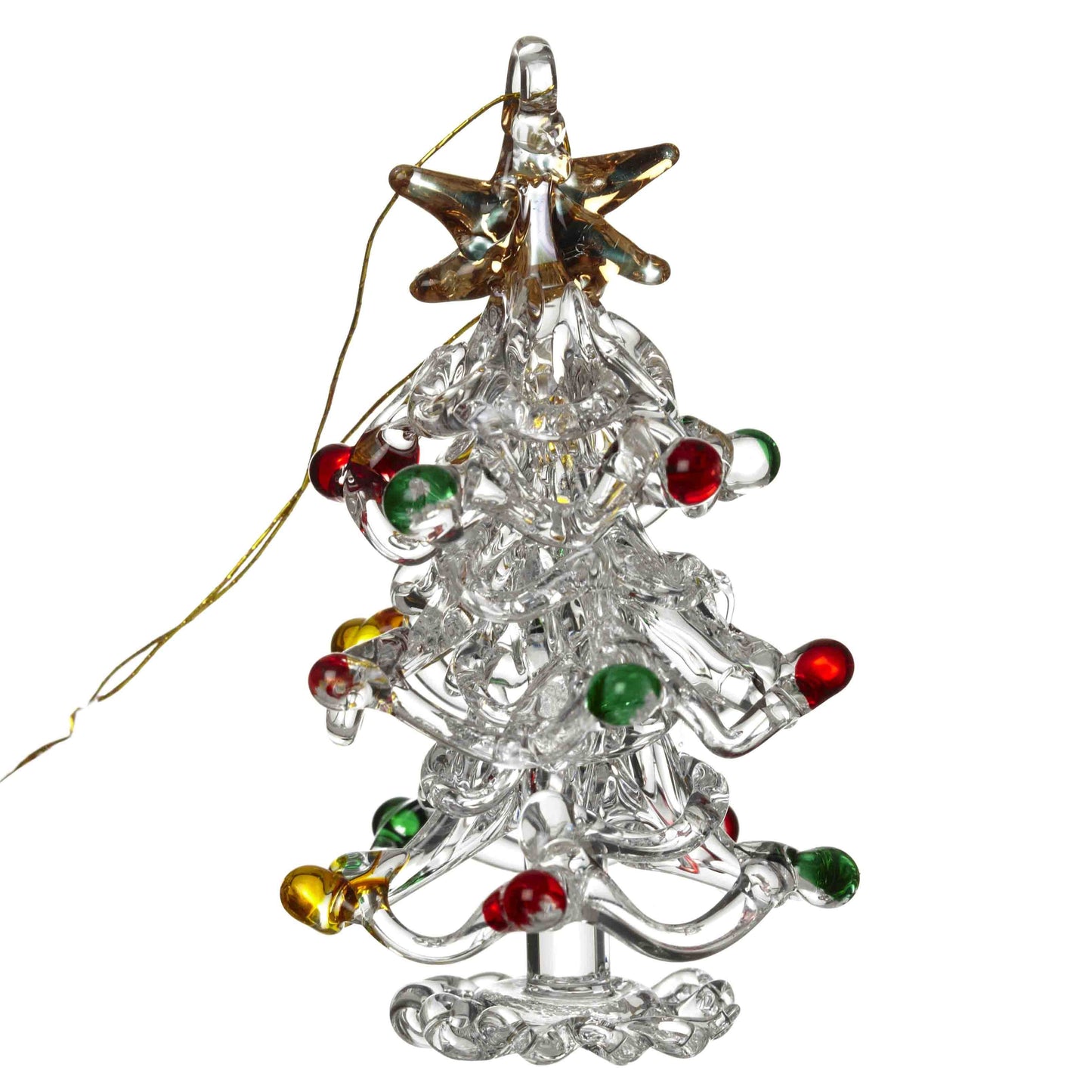 Decorative glass Christmas tree ornament with colorful bulbs on a white background