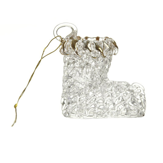 Clear glass boot ornament on a white background