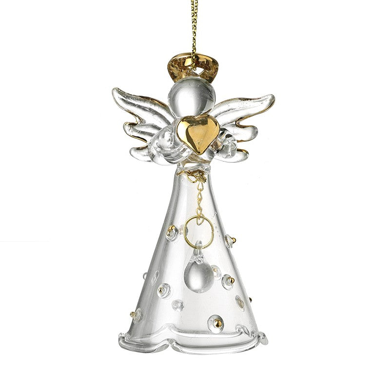 Decorative angel ornament with gold heart and clear base on a white background