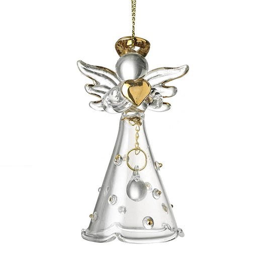 Decorative angel ornament with gold heart and clear base on a white background