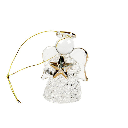 Clear glass angel ornament with gold star on a white background